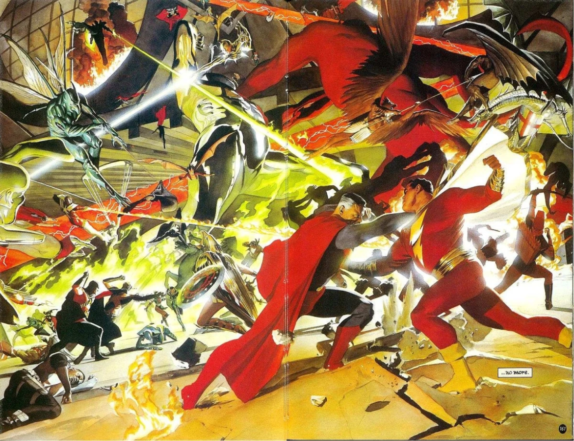 A arte de Alex Ross mostra um combate enorme entre heróis.