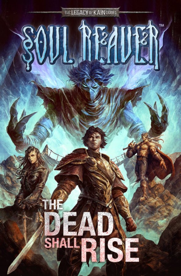 Arte da capa da graphic novel Legacy of Kain: Soul Reaver - The Dead Shall Rise, feita por Dave Rapoza. No centro vemos Raziel em sua forma humana, com Kain e outra personagem a sua esquerda e direita, respectivamente. Acima de Raziel humano, vamos Raziel em sua forma espectral (assim como nos jogos). O título: "The Dead Shall Rise" está centralizado na parte inferior, com letras maiúsculas.
