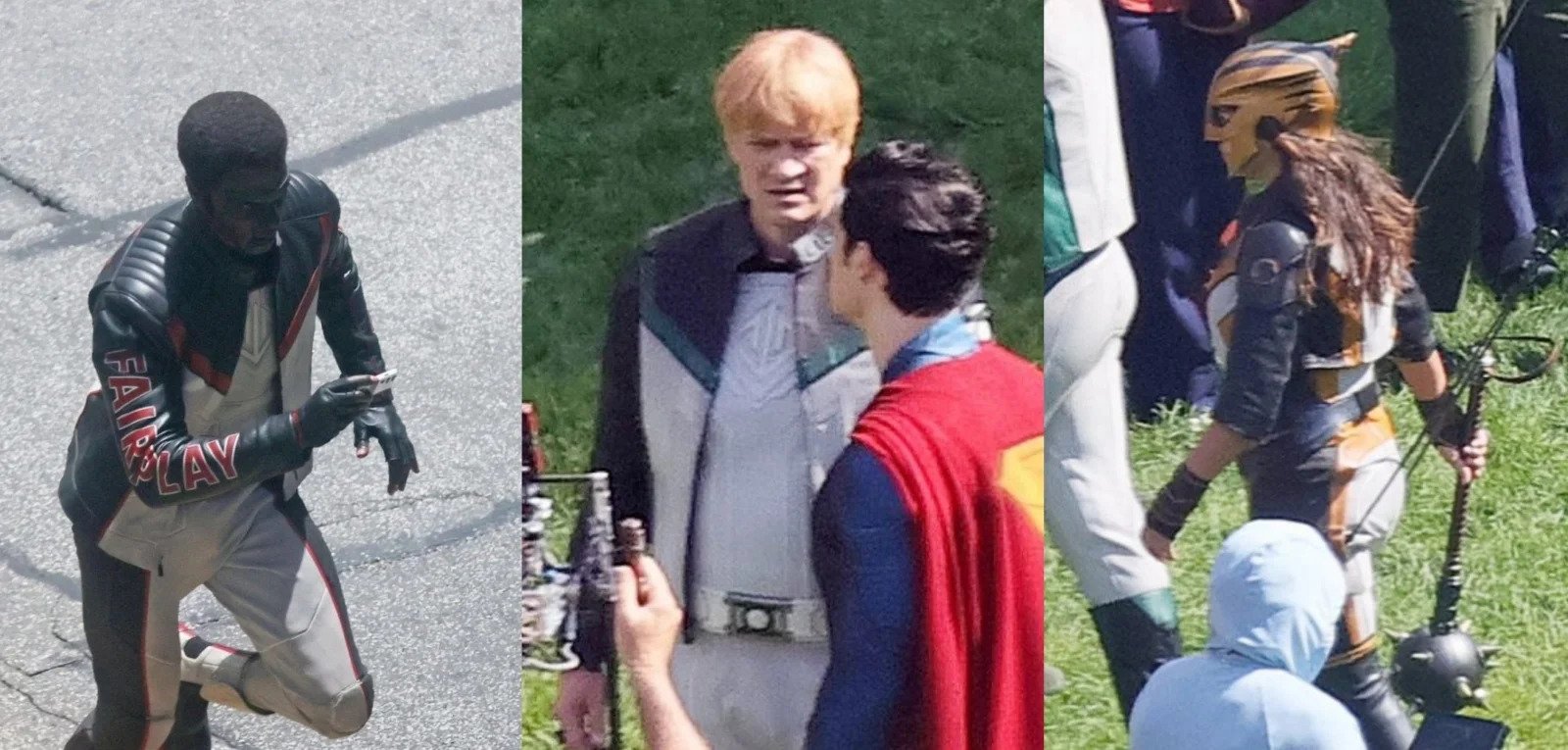 Três imagens mostrando nossos heróis, Senhor Incrível, Guy Gardner, Superman e Mulher-Gavião.