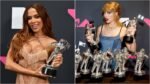 A esquerda Anitta posando com seus troféus durante o VMA 2023. A direita Taylor Swift também posando com seus prêmios na mesma ocasião.