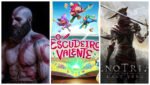 Capa com 3 dos principais jogos da semana: God of War, O Escudeiro Valente e Enotria