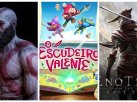 Capa com 3 dos principais jogos da semana: God of War, O Escudeiro Valente e Enotria