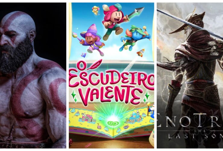 Capa com 3 dos principais jogos da semana: God of War, O Escudeiro Valente e Enotria