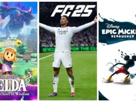 Novo Zelda na esquerda, novo fifa no meio e na direito o remake do mickey