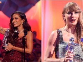 Anitta e Taylor Swift recenbendo seus respectivos prêmios no VMA 2024.