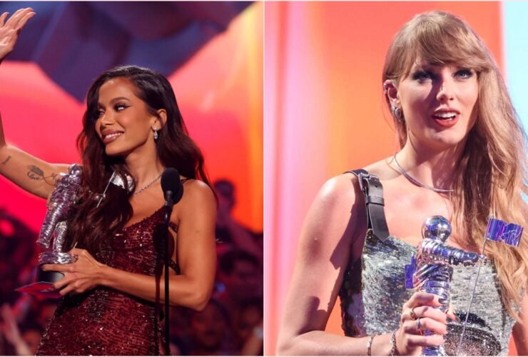 Anitta e Taylor Swift recenbendo seus respectivos prêmios no VMA 2024.