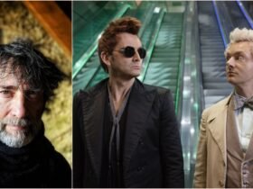 Foto de Neil Gaiman aol ao lado de foto de Michael Sheen e David Tennant, protagonistas de Good Omens.