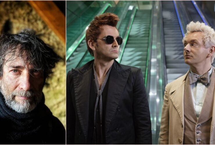 Foto de Neil Gaiman aol ao lado de foto de Michael Sheen e David Tennant, protagonistas de Good Omens.