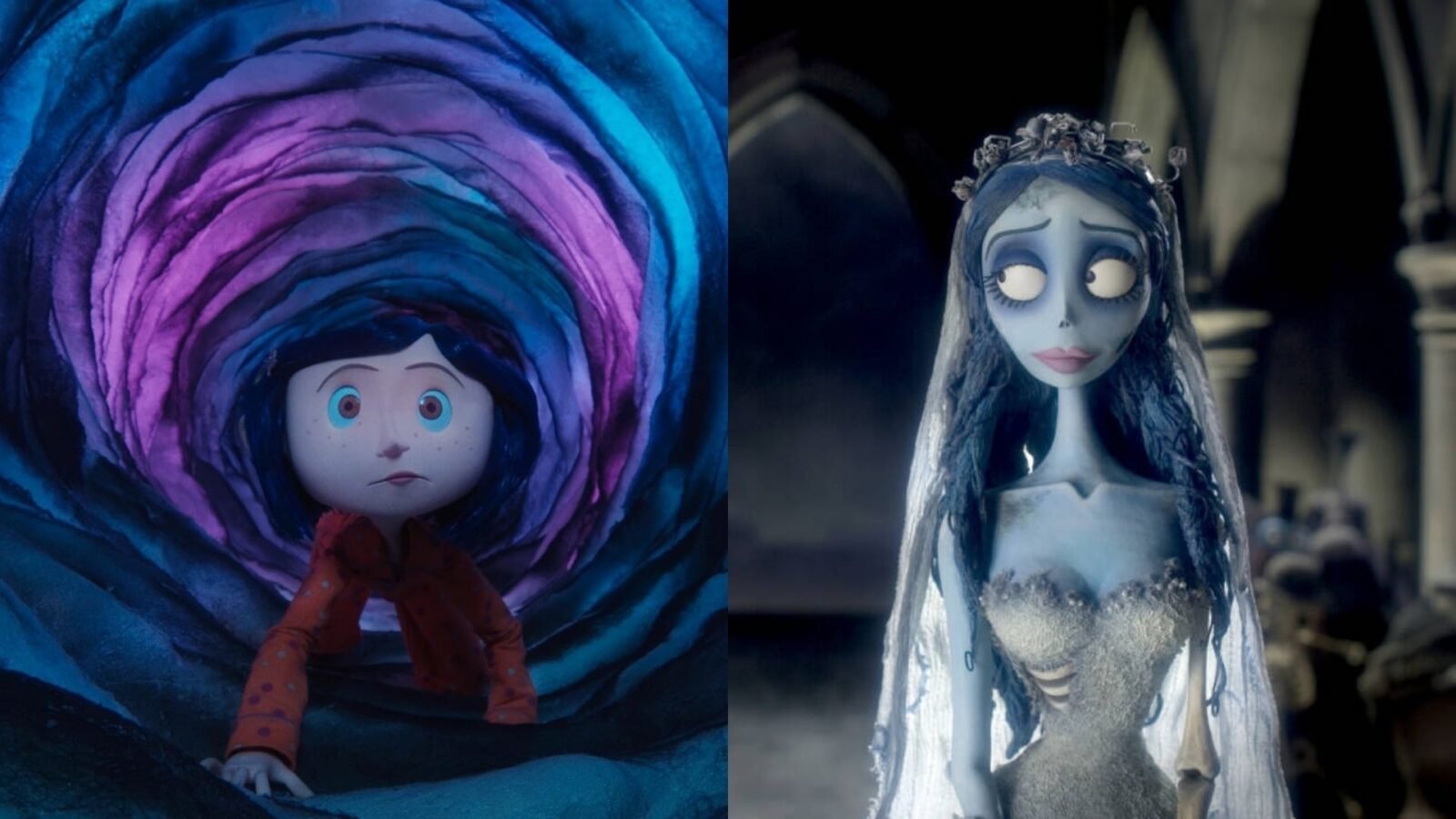 Personagem Coraline, de Coraline, e Emily, de A Noiva Cadáver