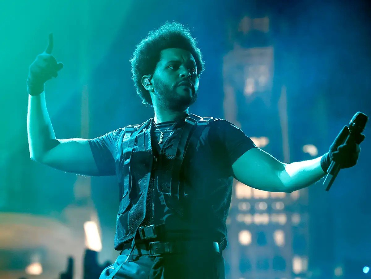 The Weeknd em ação durante a turnê "After hours til dawn".