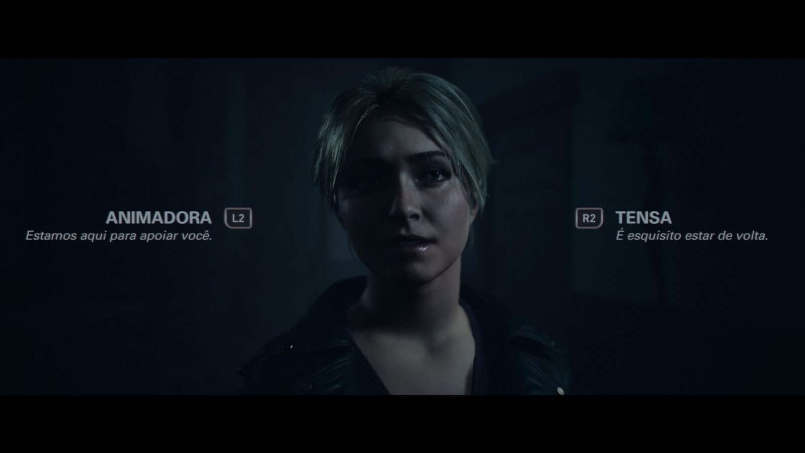 Personagem feminina de Until Dawn em cenário escurto, apenas com seu rosto aparecendo. 