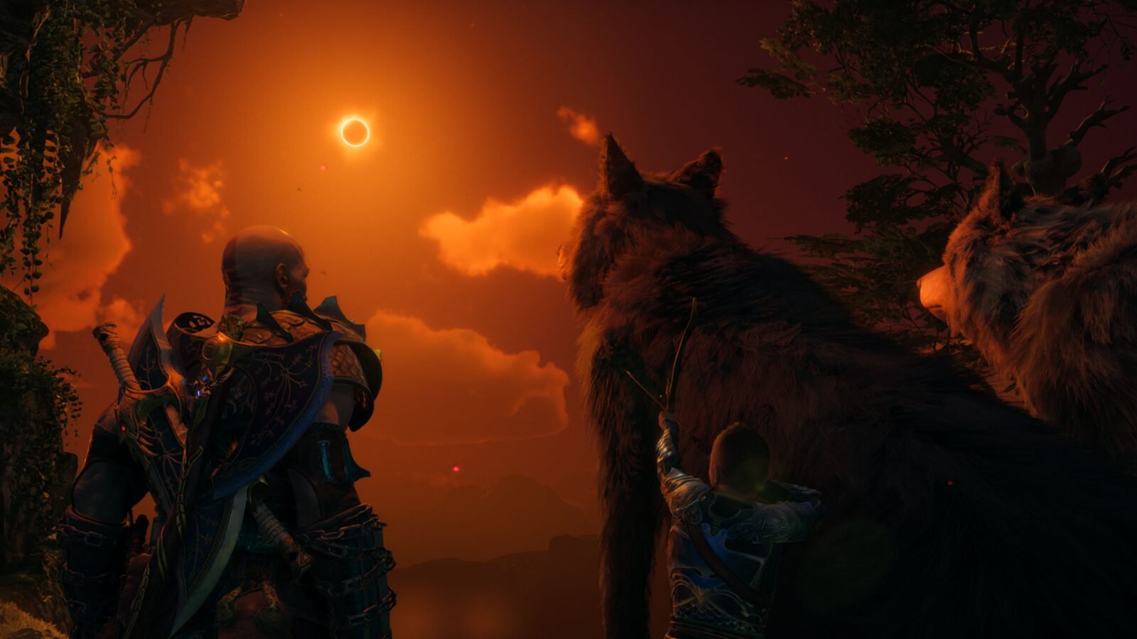 Kratos observando o céu avermelhado com seu filho e dois lobos