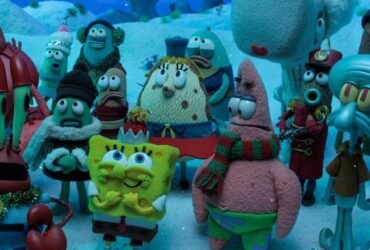 Personagens de Bob esponja reunidos. Todos encaram Bob, desconfiados, que está no centro com uma expressão de entusiasmo. Créditos: Bob Esponja, Nickelodeon