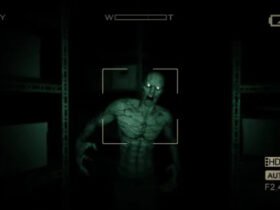 Personagem de Outlast perseguindo outro, em primeira pessoa. Ele pode ser visto apenas por meio da câmera noturna, que traz um aspecto esverdeado para a tela. Crédito: Red Barrels