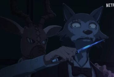 Personagem de Legoshi, um lobo, sendo ameaçado por uma faca por outro personagem. Fonte: Netflix