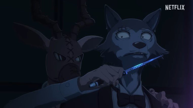 Personagem de Legoshi, um lobo, sendo ameaçado por uma faca por outro personagem. Fonte: Netflix