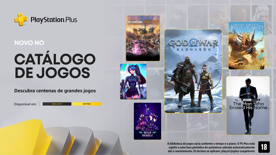 Banner com o catálogo dos jogos da PS Plus Extra e Deluxe de janeiro