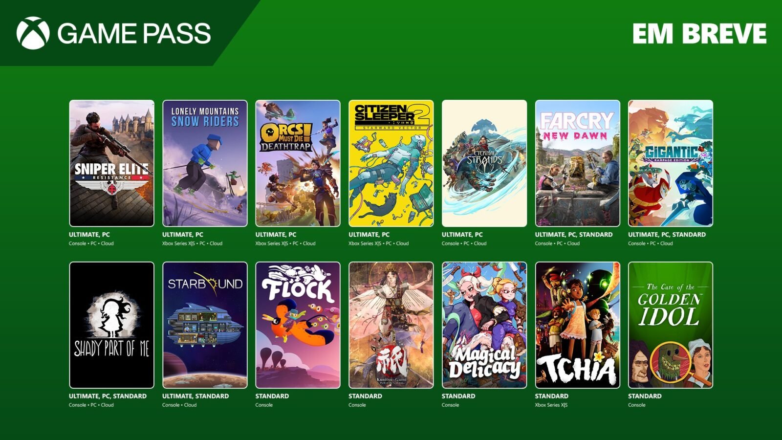 Imagem mostrando uma seleção de jogos disponíveis em breve no Xbox Game Pass.