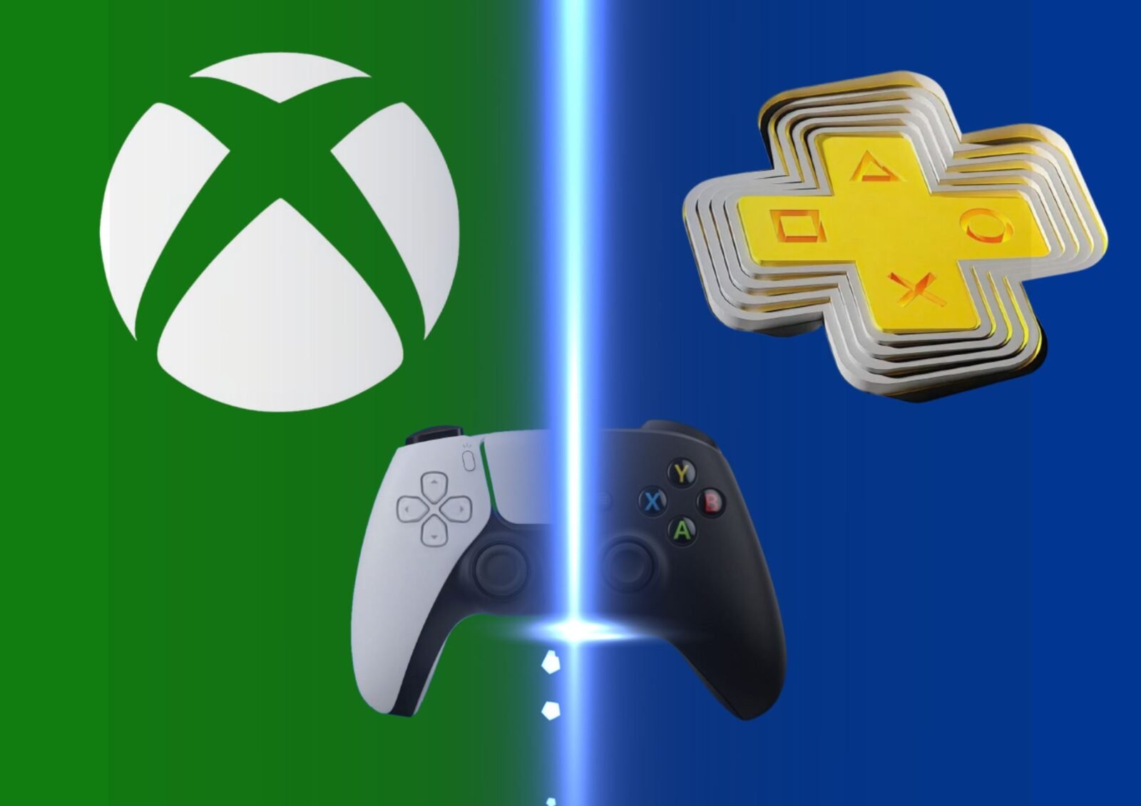 Imagem comparativa entre Xbox Game Pass e PlayStation Plus, dividida ao meio com fundo verde e azul, mostrando seus respectivos logotipos e controles.