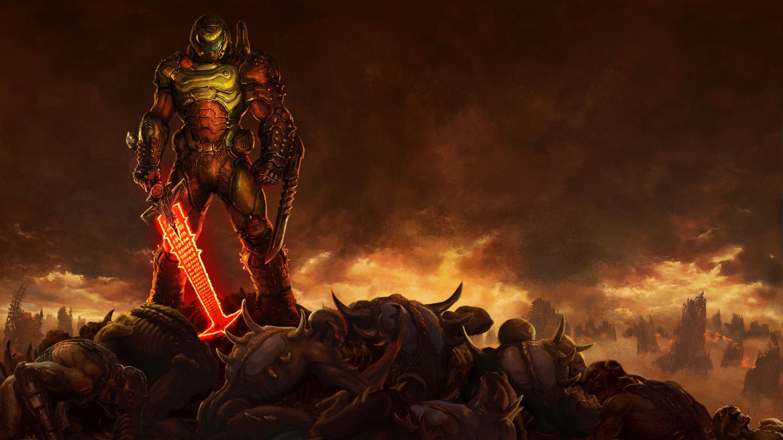 Doom Slayer de armadura verde e dourada, com capacete futurista, segura uma espada vermelha incandescente, cercado por criaturas monstruosas derrotadas em um cenário apocalíptico.