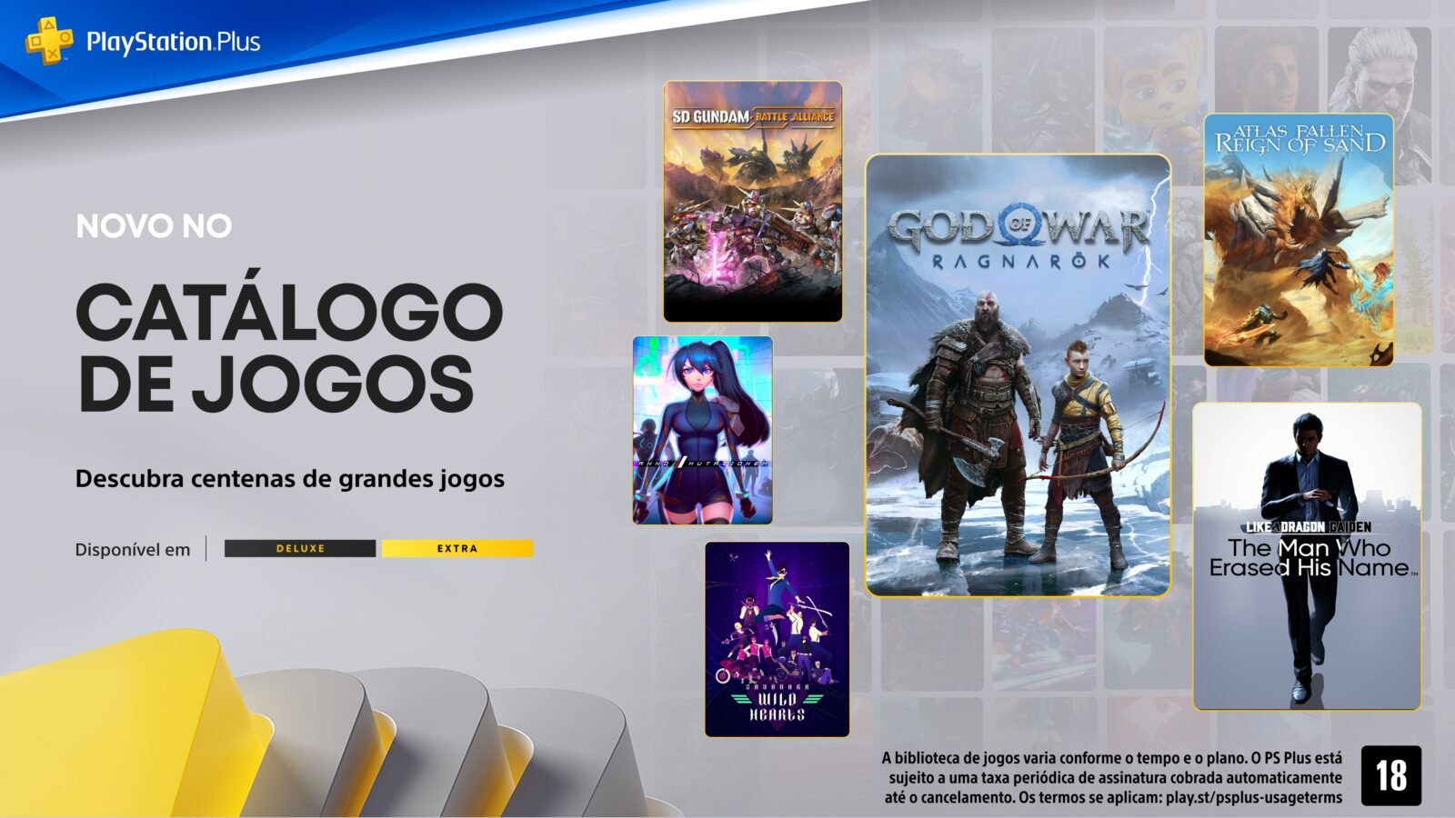 PlayStation destacando novos jogos no catálogo, como God of War Ragnarök e Like a Dragon Gaiden.