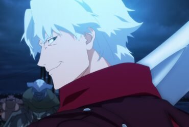 Dante de Devil May Cry, personagem de cabelo branco e olhos afiados sorri de forma provocadora, com um grupo de criaturas ao fundo.