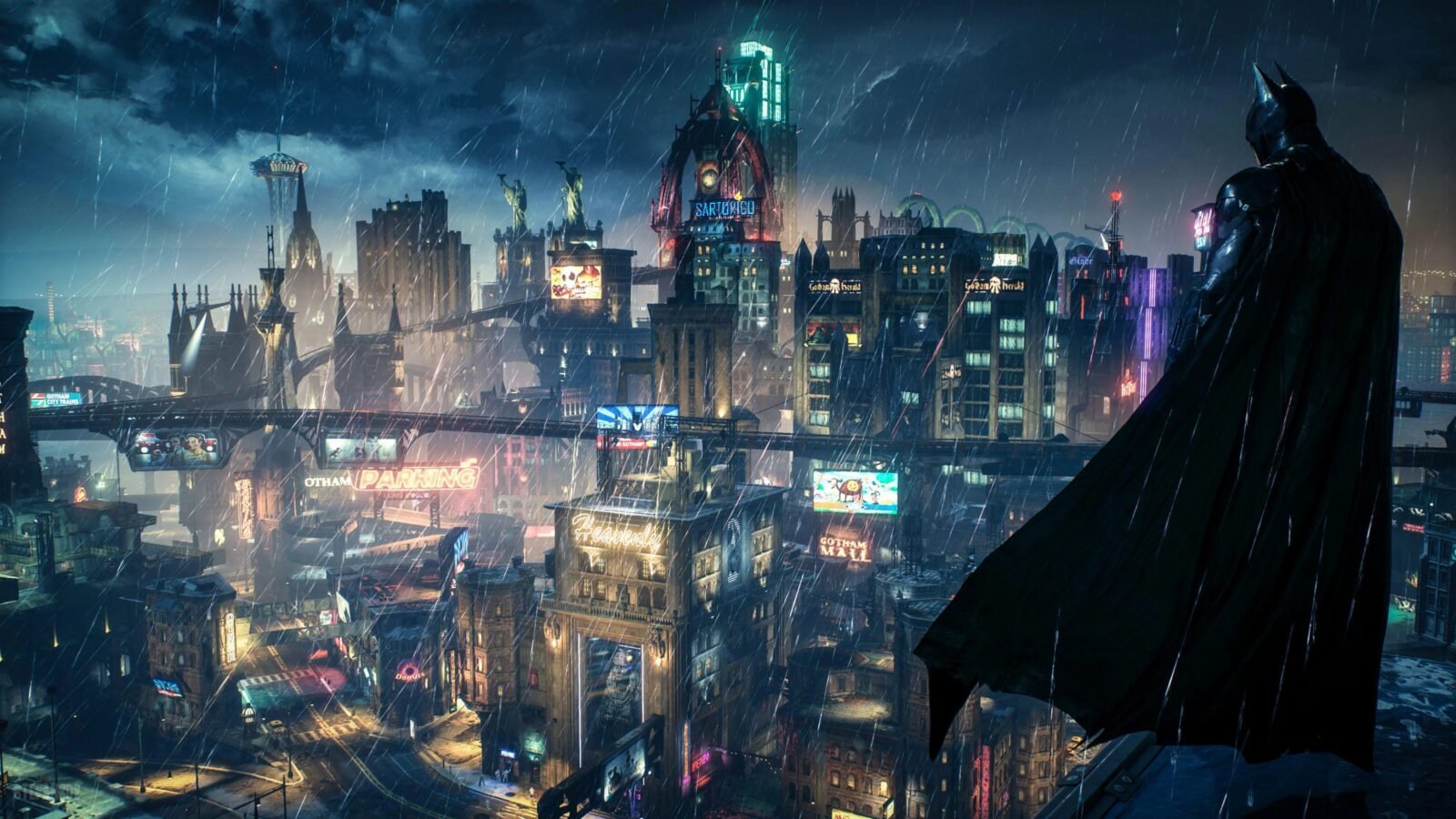 Imagem de Batman olhando para Gotham City sob uma forte chuva à noite.