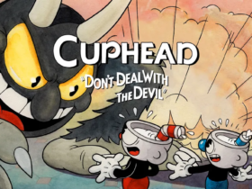 Arte promocional de Cuphead, mostrando os personagens principais em um estilo de animação retrô.