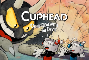 Arte promocional de Cuphead, mostrando os personagens principais em um estilo de animação retrô.