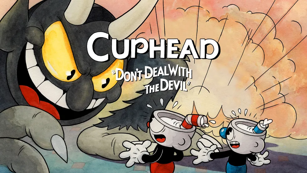 Arte promocional de Cuphead, mostrando os personagens principais em um estilo de animação retrô.