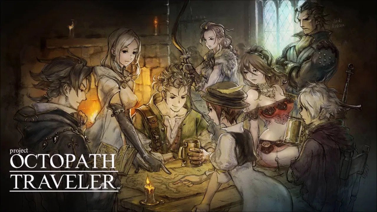 Arte oficial de Octopath Traveler, mostrando oito viajantes em um cenário de fantasia.