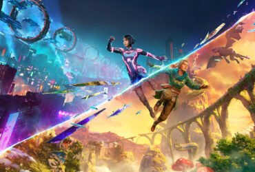 Dois personagens saltam entre um mundo futurista e um cenário medieval fantástico.