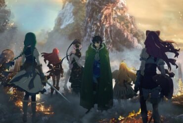 Naofumi e seu grupo encaram uma criatura colossal em um cenário devastado, com fogo e destruição ao redor.