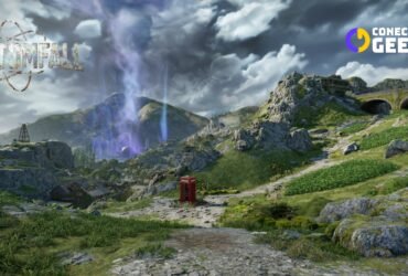 Paisagem montanhosa com uma cabine telefônica vermelha e energia misteriosa ao fundo.