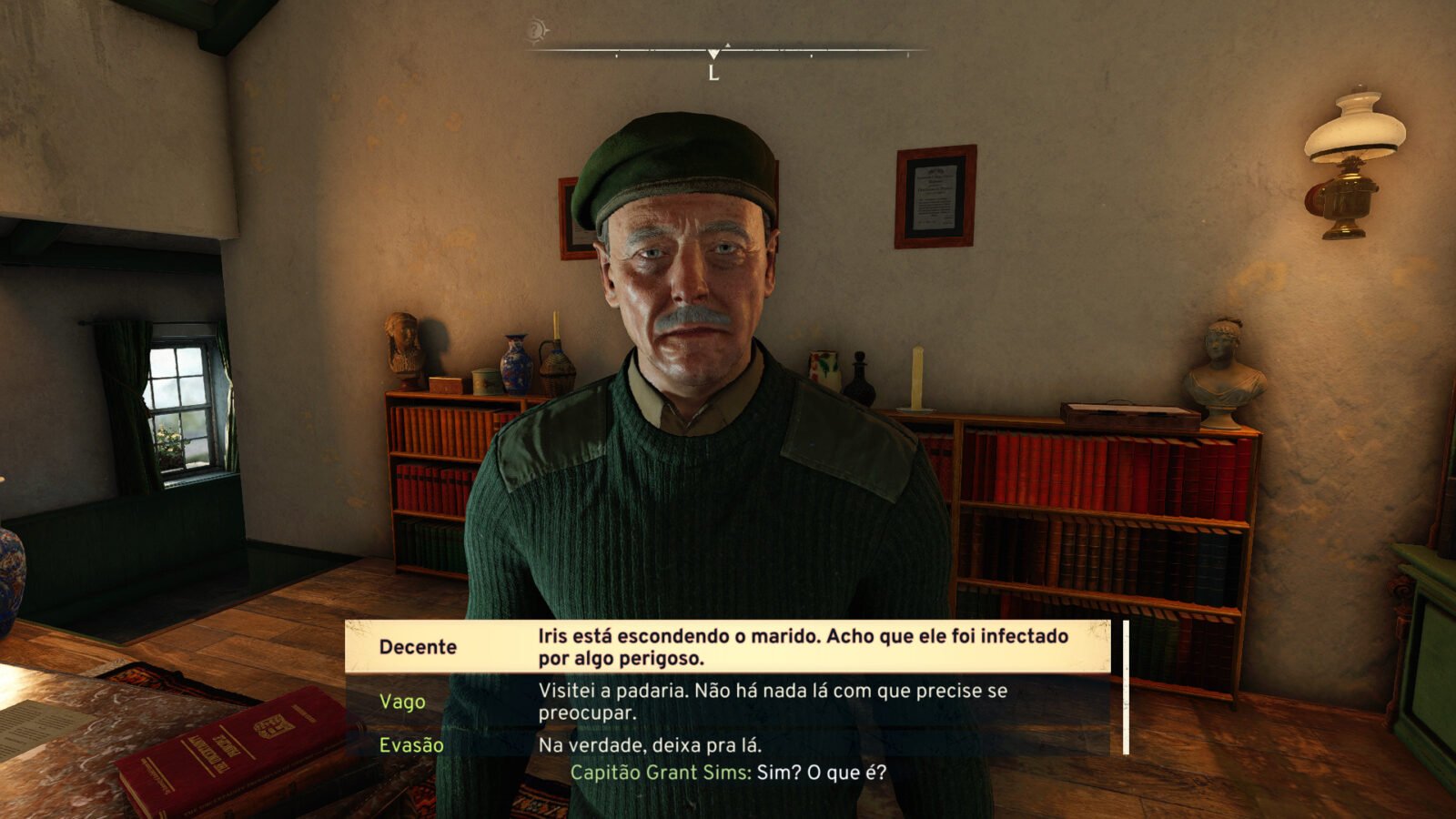 Capitão Sims durante diálogo em Atomfall.