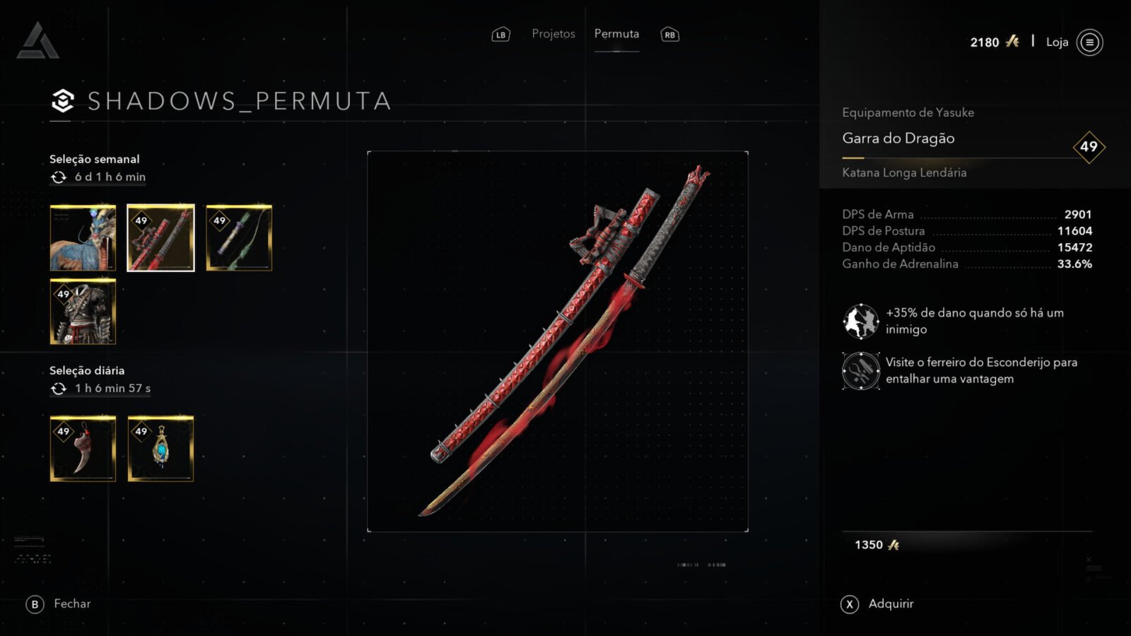 Tela de permuta exibindo a katana Garra do Dragão, suas estatísticas e bônus.
