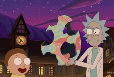 Em uma cena da animação de Rick and Morty, há Rick, um homem idoso de cabelos brancos e espetados segurando um objeto não definido que possui diversas cores. Sua expressão é desconfiada. Ao seu lado esquerdo está seu neto Morty, um adolescente branco de cabelos castanhos com uma expressão feliz e surpresa.