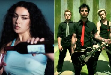 Do lado esquerdo está a cantora Charli XCX, uma mulher branca de cabelos pretos e cacheados. Ela segura uma taça de vidro na mão esquerda e uma garrafa de vinho na mão direita. Do lado direito estão os três integrantes da banda Green Day. Ao centro está o vocalista Billie Joe Armstrong, um homem branco de cabelos pretos. Ele segura uma guitarra com as duas mãos. Ambos os artistas se apresentaram no Coachella 2025