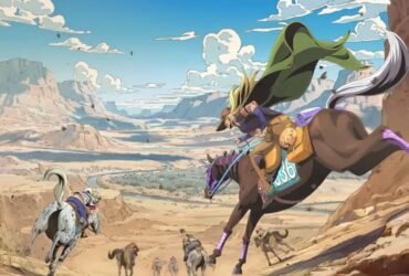 Jojo's Bizarre Adventure - Os personagens do anime aparecem andando a cavalo em um local arenoso com montanhas. O céu está azul com algumas nuvens e o dia é ensolarado.