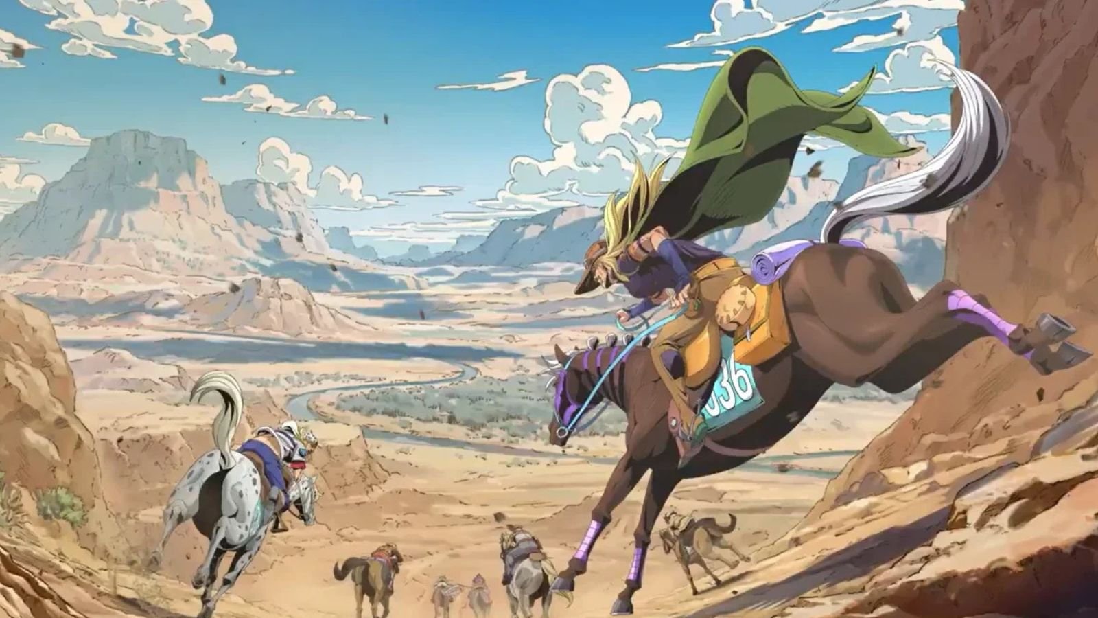Jojo's Bizarre Adventure - Os personagens do anime aparecem andando a cavalo em um local arenoso com montanhas. O céu está azul com algumas nuvens e o dia é ensolarado.