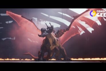 Dragão com asas vermelhas e chifres em ambiente destruído, cercado por fogo, se prepara para a batalha em um cenário pós-apocalíptico.