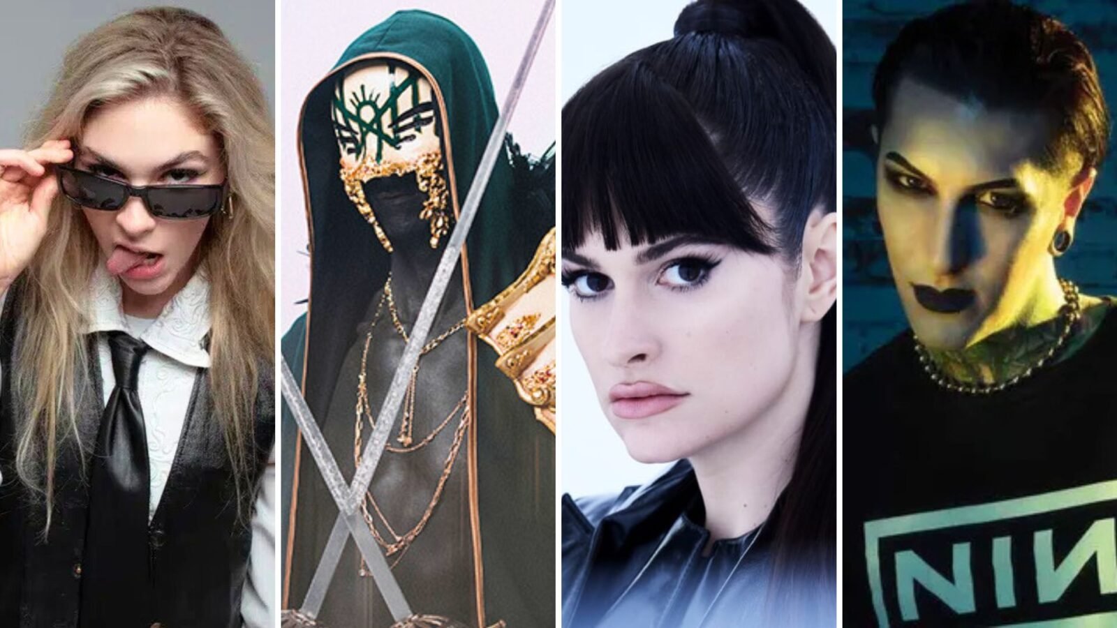 A imagem mostra uma montagem com 4 fotos de vocalistas de bandas de rock citadas no texto. Da esquerda para a direita estão Daniella Villareal do The Warning, Vessel do Sleep Token, Courtney LaPlante do Spiritbox e Chris Montionless do Montionless in White.
