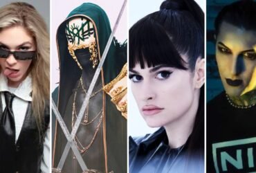 A imagem mostra uma montagem com 4 fotos de vocalistas de bandas de rock citadas no texto. Da esquerda para a direita estão Daniella Villareal do The Warning, Vessel do Sleep Token, Courtney LaPlante do Spiritbox e Chris Montionless do Montionless in White.