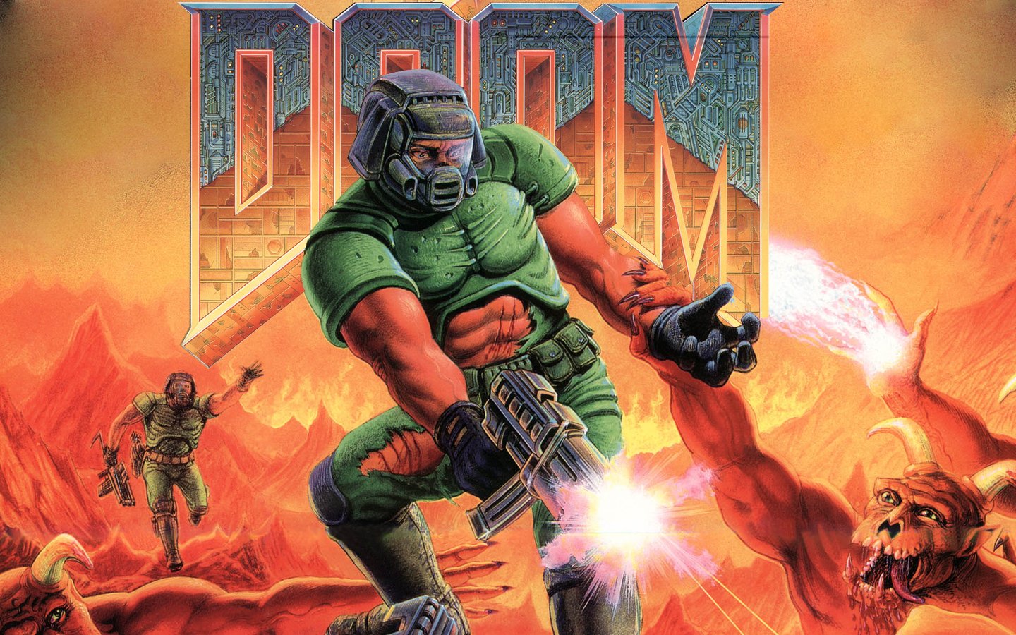 Capa clássica de DOOM com o protagonista enfrentando demônios em um cenário infernal.