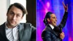 A esquerda há uma imagem do rosto do ator Kieran Culkin. A direita uma imagem do ator Stanley Tucci caracterizado como o personagem Caeser Filickerman no filme Jogos Vorazes