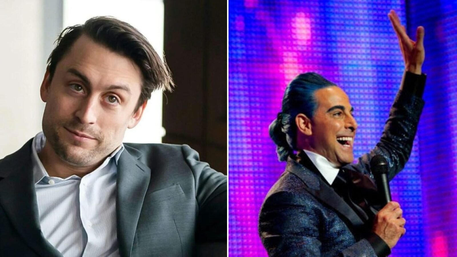 A esquerda há uma imagem do rosto do ator Kieran Culkin. A direita uma imagem do ator Stanley Tucci caracterizado como o personagem Caeser Filickerman no filme Jogos Vorazes