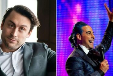 A esquerda há uma imagem do rosto do ator Kieran Culkin. A direita uma imagem do ator Stanley Tucci caracterizado como o personagem Caeser Filickerman no filme Jogos Vorazes