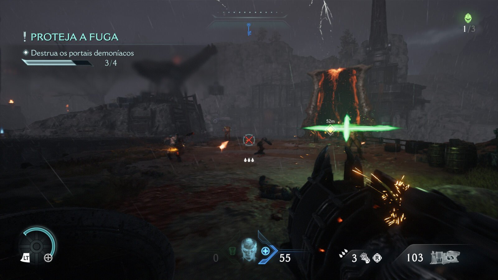 Gameplay de DOOM com o jogador enfrentando um demônio uma quest.