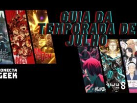 Imagem com fundo preto exibindo o título "GUIA DA TEMPORADA DE JULHO" em letras grandes e coloridas. Ao lado, várias imagens de animes recém-lançados ou que estrearão na temporada de julho de 2025, incluindo títulos populares e aguardados.
