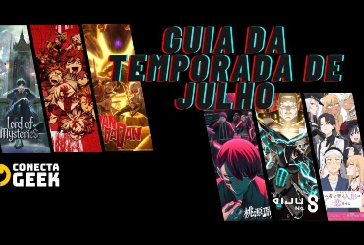 Imagem com fundo preto exibindo o título "GUIA DA TEMPORADA DE JULHO" em letras grandes e coloridas. Ao lado, várias imagens de animes recém-lançados ou que estrearão na temporada de julho de 2025, incluindo títulos populares e aguardados.